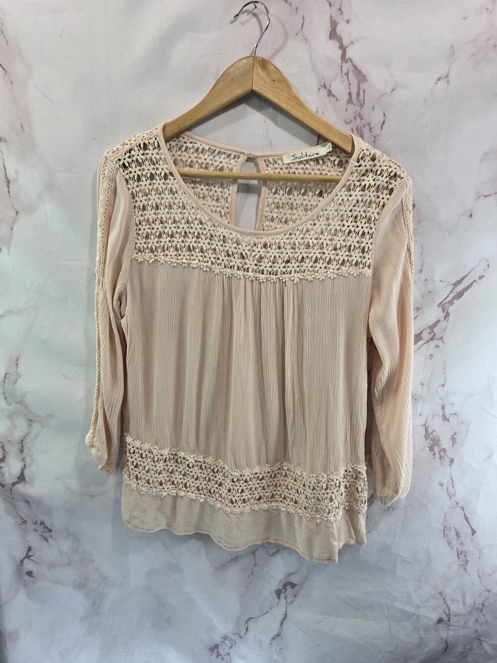 Anthropologie Shirt Womens Large Pink Peasant Solitaire Bobble Lace Embroidered